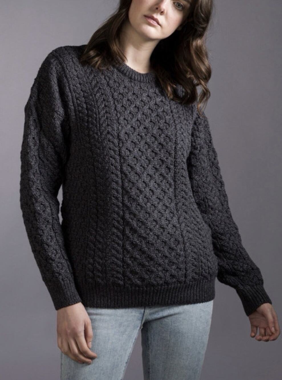 Aran Sweater S Black 100% Merino Wool Cable Knit Fisherman A009945